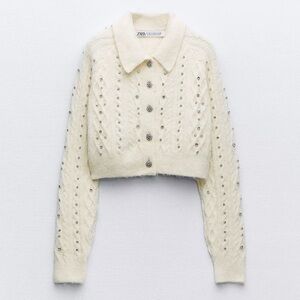Zara Ivory Beaded Knit Cardigan